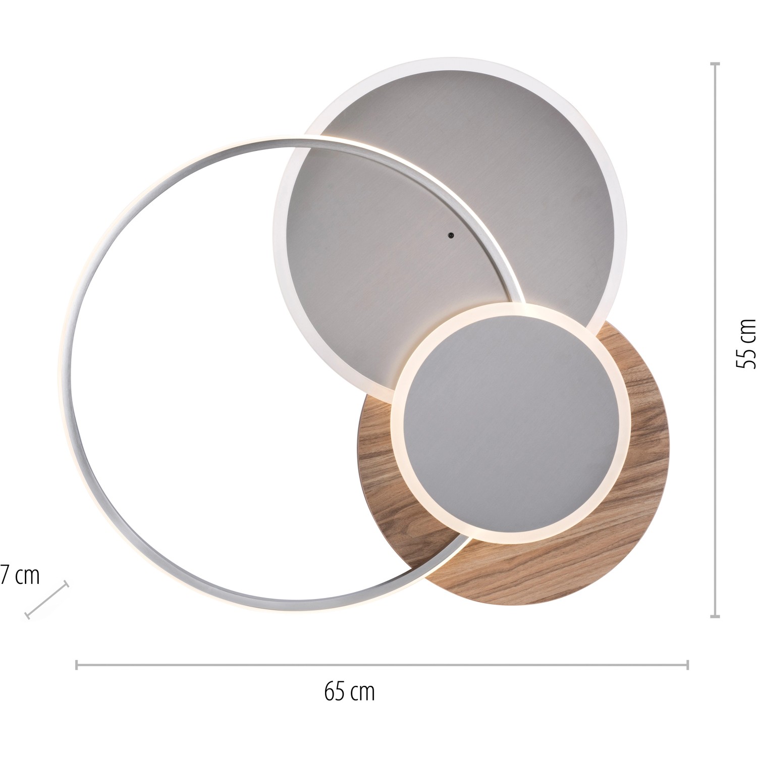 Moderne LED-Deckenleuchte Palma mit Holzdekor und silberfarbenen Ringen, dimmbar und farbsteuerbar.