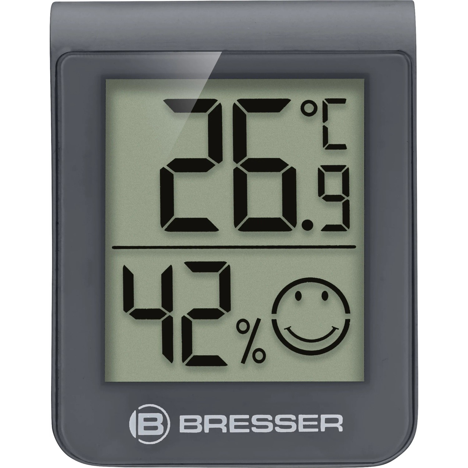 Graues BRESSER HumiTemp Thermo-Hygrometer mit Anzeige von Temperatur (26.9°C) und Luftfeuchtigkeit (42%).