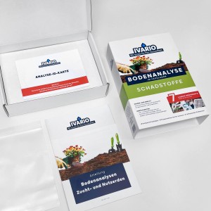 Ivario Bodentest Schadstoffe: Set mit Anleitung, Analyse-ID und Verpackung für die Bodenanalyse.