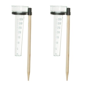 Relaxdays Regenmesser Kunststoff Holz Transparent Natur Schwarz 2er Set mit Stab 38 cm x 8,5 cm x 11 cm