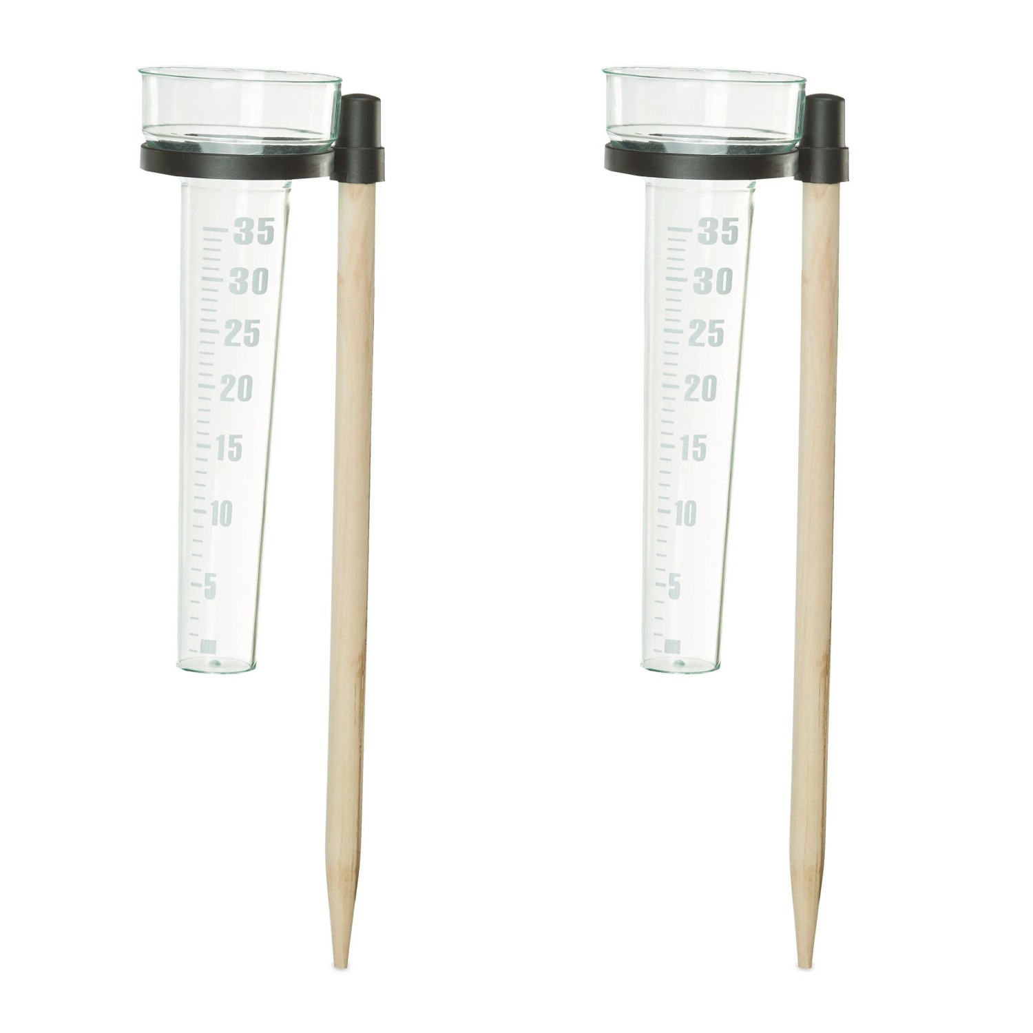 Relaxdays Regenmesser Kunststoff Holz Transparent Natur Schwarz 2er Set mit Stab 38 cm x 8,5 cm x 11 cm