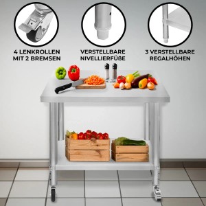Monstershop Edelstahl Arbeitstisch 76x90x86cm mit Rollen und verstellbarem Regal.