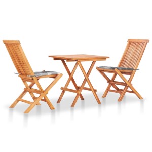 vidaXL Bistro-Set, 3-teilig, Teakholz, grau karierte Kissen. Gartenmöbel-Set mit Klapptisch und Stühlen.