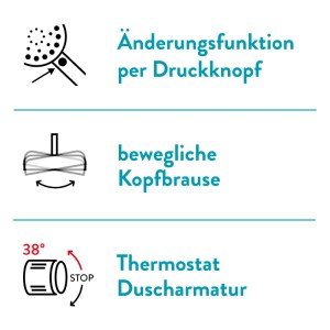 Merkmale des baliv Überkopfbrause-Sets: Strahlarten per Knopf, bewegliche Kopfbrause, Thermostat-Duscharmatur.