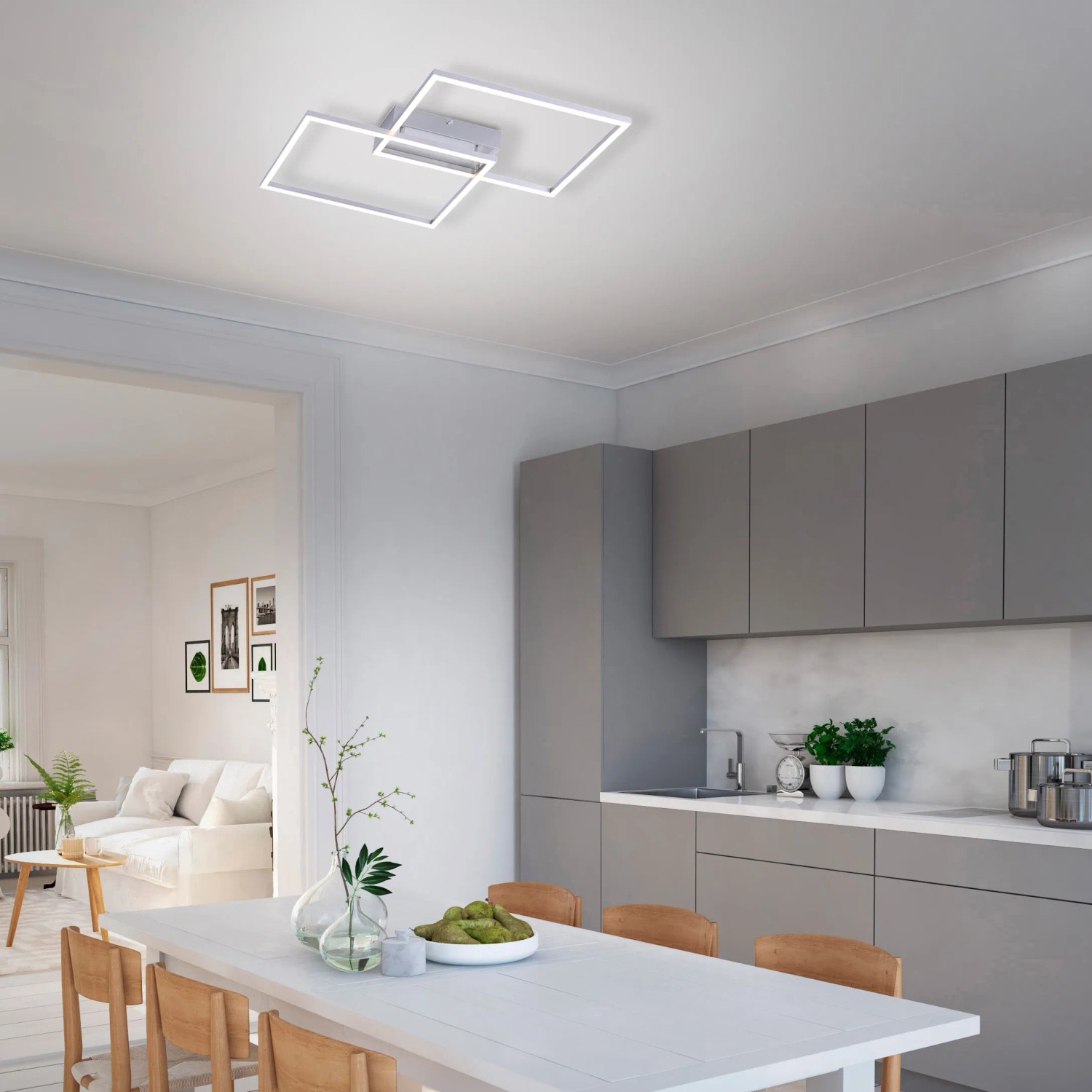 Moderne, stahlfarbene LED Deckenleuchte Iven mit drei Quadraten, dimmbar.