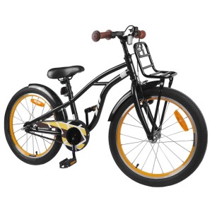 Schwarzes 20 Zoll Kinderfahrrad für 6-11 Jährige mit Gepäckträger und Schutzblechen.