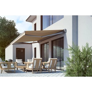 Beige Halbkassettenmarkise SUN LED, 350x250 cm, mit anthrazitfarbenem Gestell über einer Terrasse.