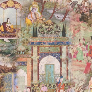 PROFHOME Asia Tapete mit Architekturmotiven in Grün, Orange, Gelb und Rot. Matte Oberfläche.