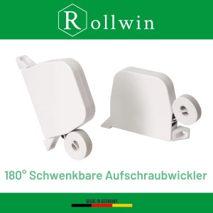 Zwei weiße Rollwin Aufputz-Gurtwickler, 180° schwenkbar, mit grauem 5m Rollladengurt. Rollladensteuerung.