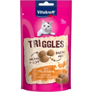 Vitakraft Triggles mit Truthahn, softe Katzenleckerlies im pinken Beutel.