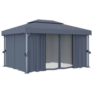 Anthrazitfarbener Pavillon 4x3 m mit Vorhängen und Aluminiumrahmen.