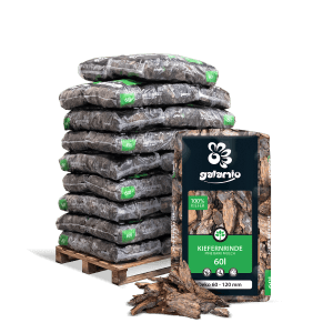 Galamio Kiefernrinde Deko, 26 Säcke à 60l auf Palette. Rindenmulch zur Dekoration im Garten.