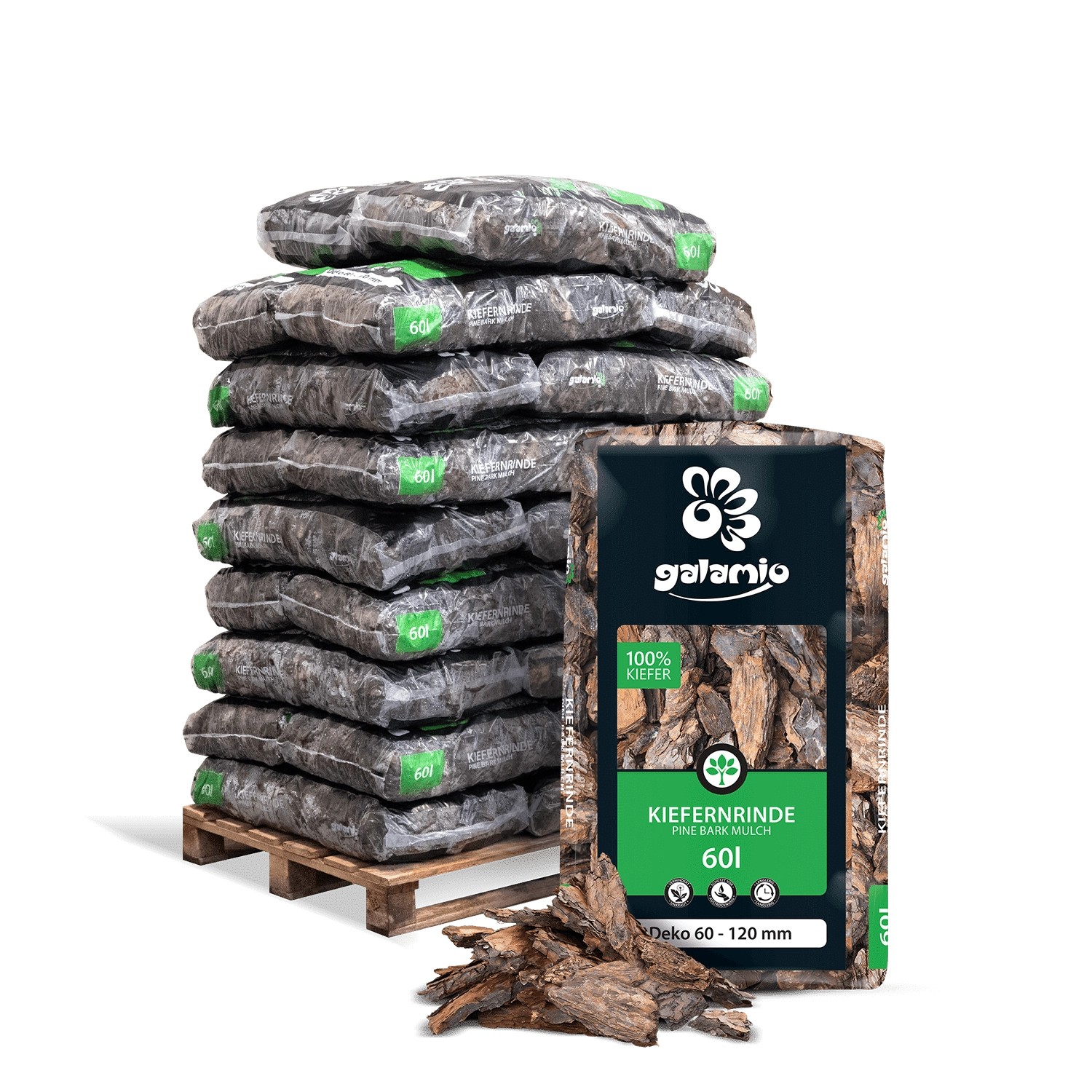 Thumbnail - Galamio Kiefernrinde Deko 60l x 26 Sack 1560l 2/3 Palette