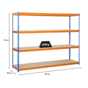 PROREGAL Schwerlastregal Big Wood Yeti Four, 200x120x60 cm, blau-orange, Fachlast 400 kg.