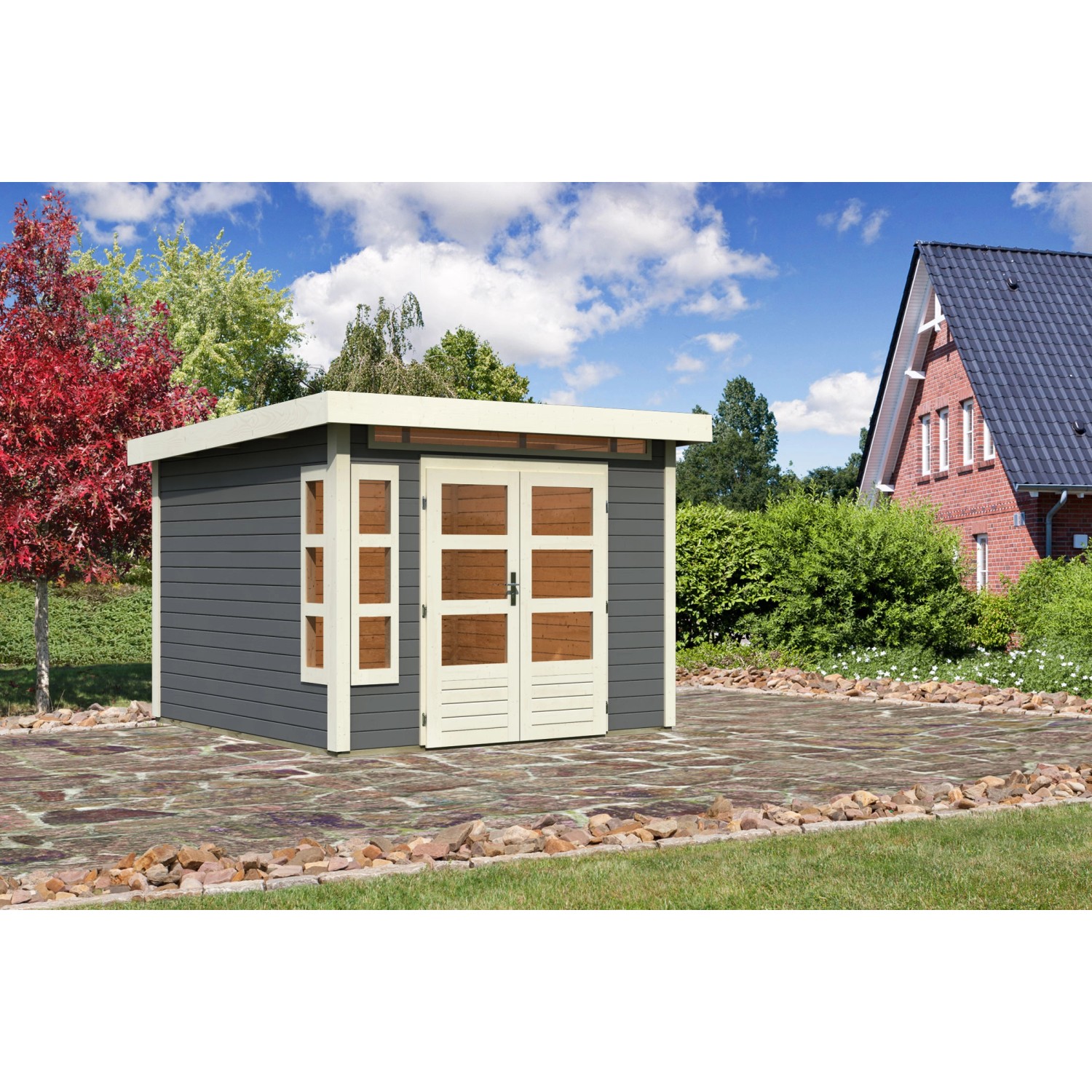 Karibu Holz-Gartenhaus/Gerätehaus Kastberg Terragrau Flachdach Lackiert 270 cm x 270 cm