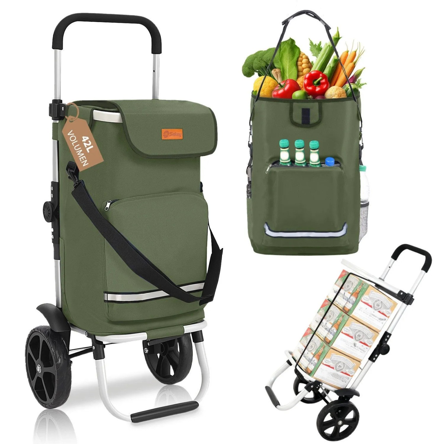 Sekey 3-in-1 Faltbarer Einkaufstrolley mit Kühlfach und Spanngurt Grün