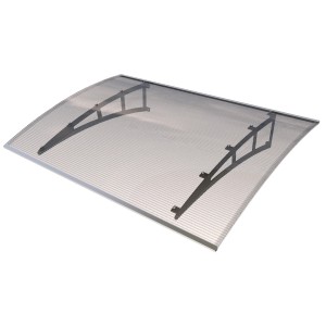 Gutta Pultvordach, anthrazitfarbene Stahlträger, klare Polycarbonat-Platte, 140x98x25 cm.