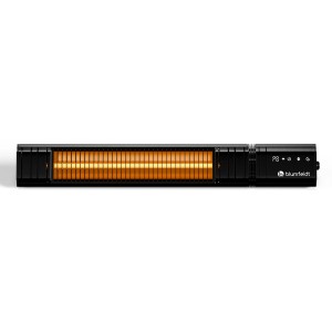 Schwarzer Blumfeldt Gold Bar Slim 2000W Terrassenheizstrahler mit Goldröhre und Touchscreen.