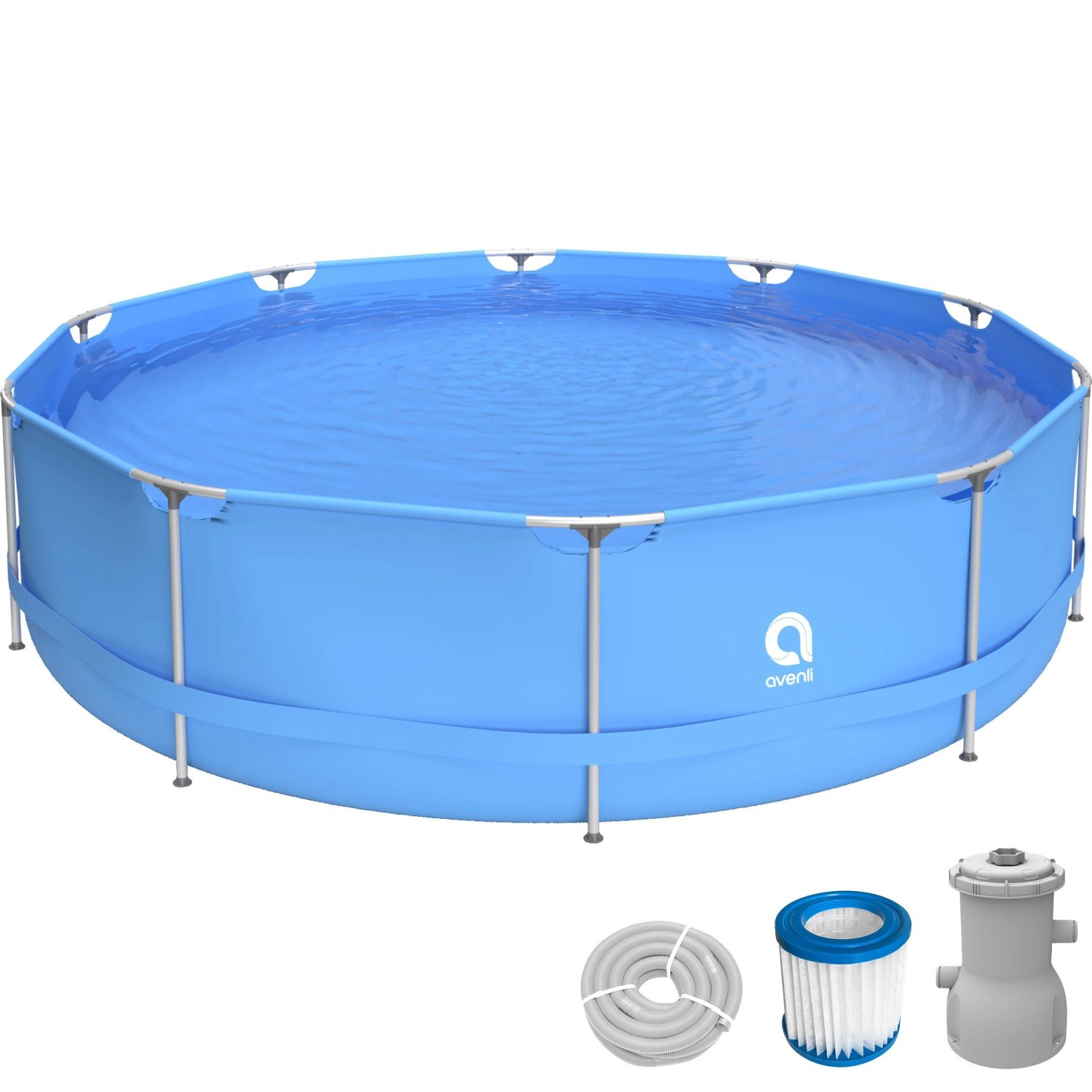 Avenli Frame Pool Set Rund 360 x 76 cm Blau mit Filterpumpe Zubehör und Reparaturset