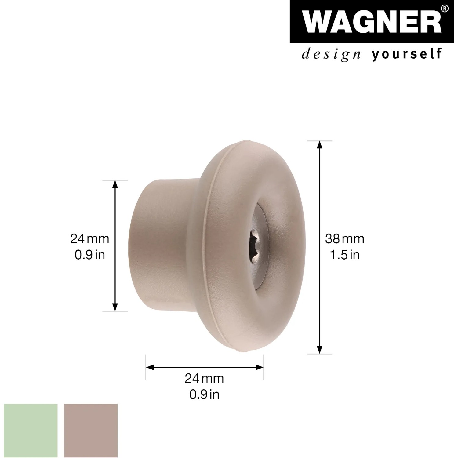 Wagner Wandhaken Dot, Set mit 4 Haken in Taupe und Pastellgrün, aus Elastomer und Stahl.