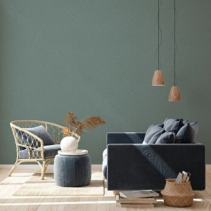 Dunkelgrüne, schlichte Bricoflor Vliestapete als Wanddeko im Wohnzimmer.