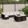 Schwarze 10-tlg. vidaXL Garten-Sofagarnitur aus Poly Rattan mit cremeweißen Kissen.