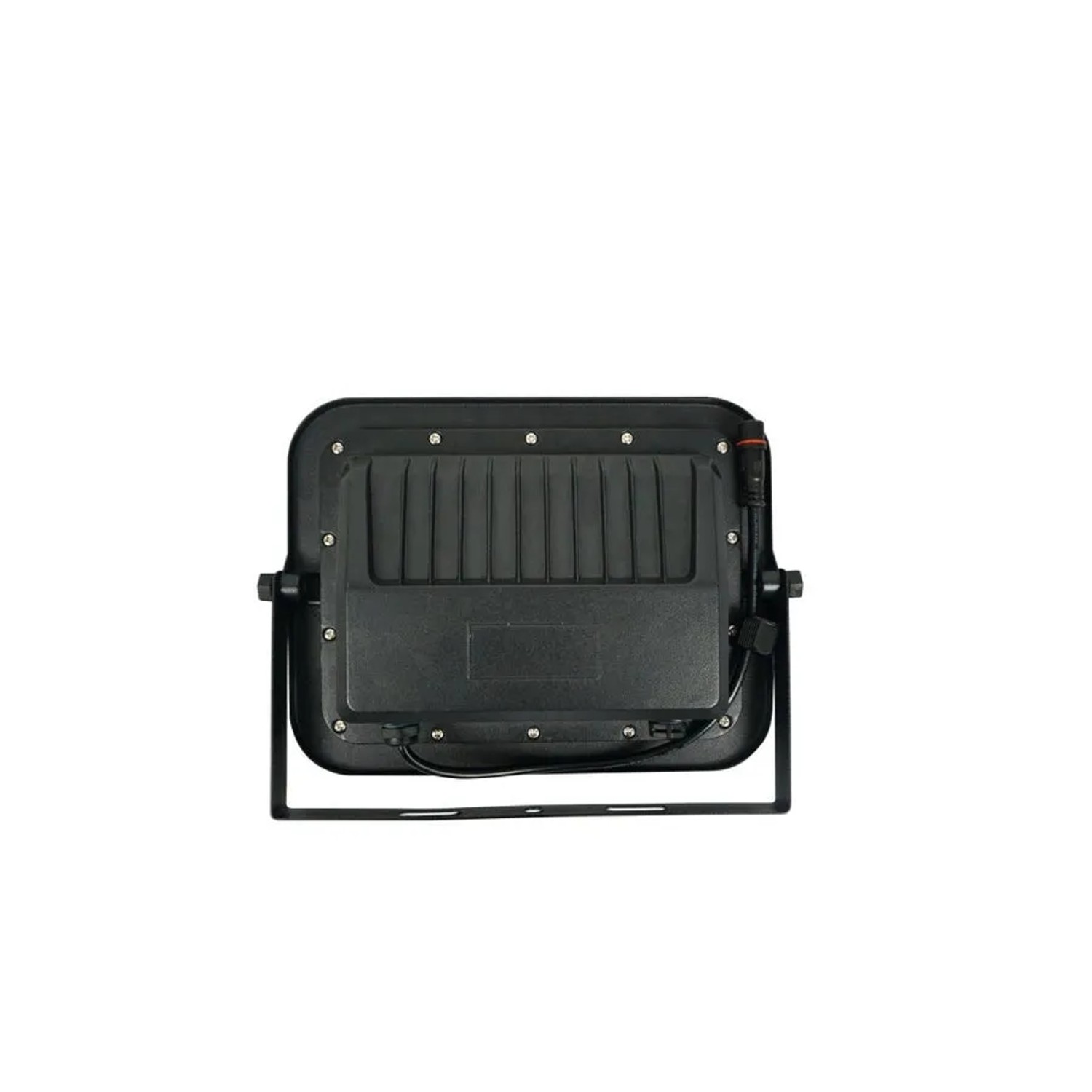 Rückansicht des schwarzen ENOVALITE Solarstrahlers PRO 50W mit Kühlrippen und Halterung.