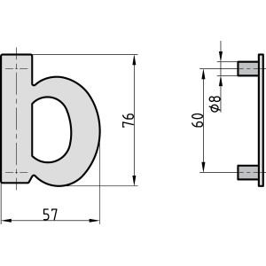 Technische Zeichnung Basi Hausnummer "b" aus Edelstahl mit Maßangaben.