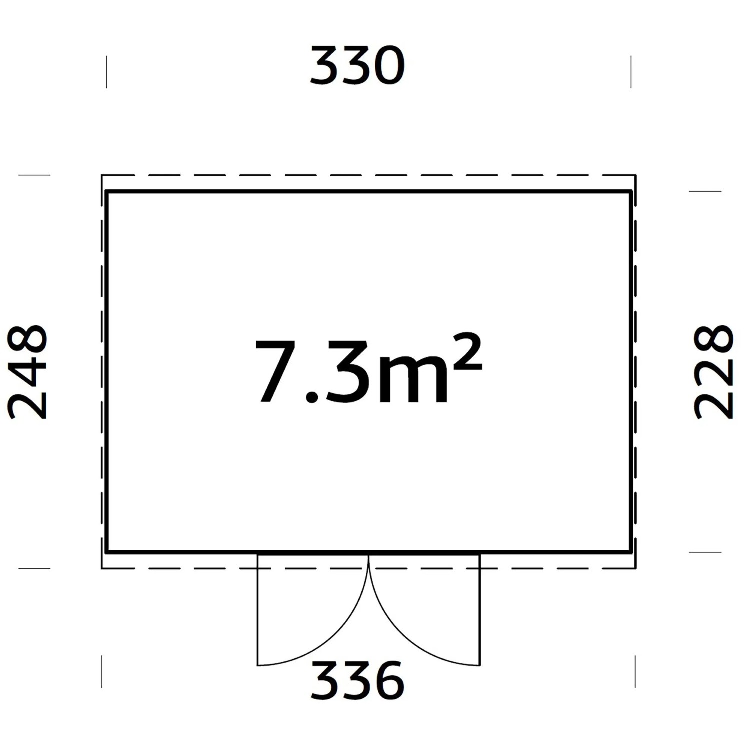 Grundriss Palmako Holz-Gartenhaus Pultdach, 330x228 cm, 7,3 m² Fläche.