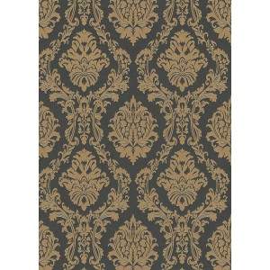Schwarze Erismann Vliestapete Versailles Royal mit goldenem Ornamentmuster.
