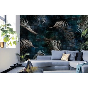 Erismann Fototapete Guido Maria Kretschmer Glossy Palms Silber, Palmenblätter auf dunklem Grund.