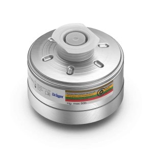 Runder, silberner Dräger Kombinationsfilter 1140+ ABEK2 Hg P3 R D mit Rd40 Anschluss für Atemschutz.