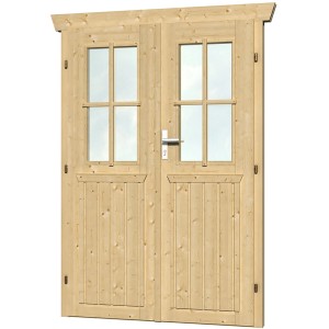 Halbverglaste Skan Holz Doppeltür für 28 mm Gartenhäuser, mit Echtglas und Beschlägen.
