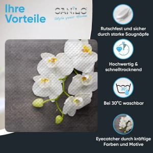 SANILO Badematte Pretty, grau mit Orchideen-Motiv. Rutschfeste Duschmatte für Badewannen-Zubehör.