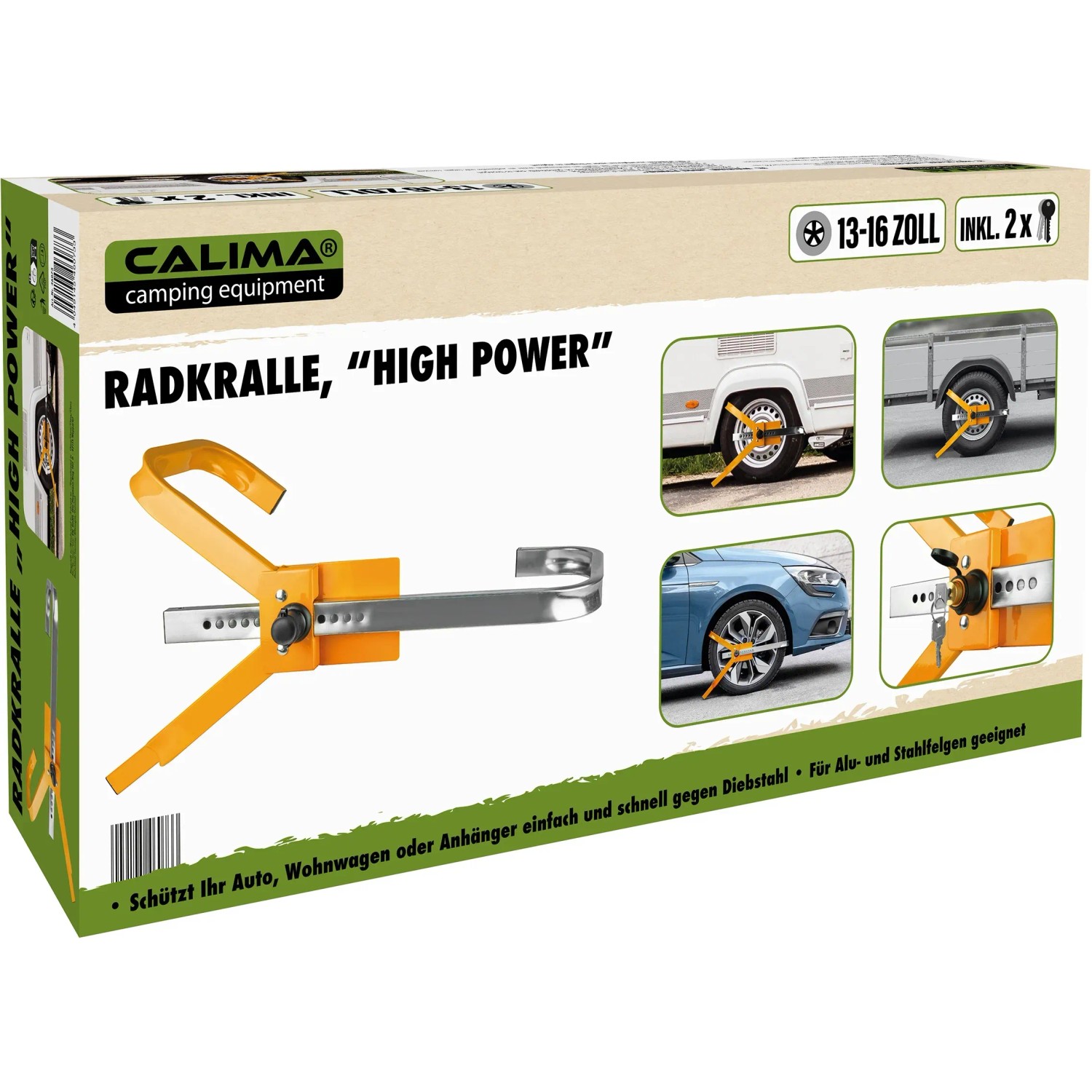 Calima Radkralle für 13-16 Zoll Räder, orange, zur Diebstahlsicherung von PKW, Wohnwagen und Anhängern.