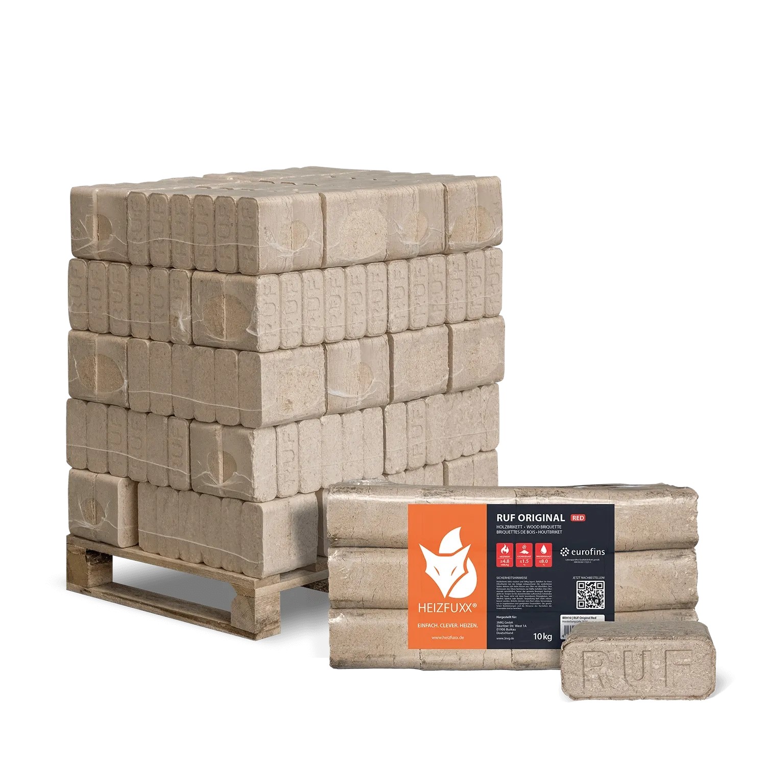 Heizfuxx RUF Original Red Holzbriketts Hartholz 10kg x 30 Gebinde 300kg Palette