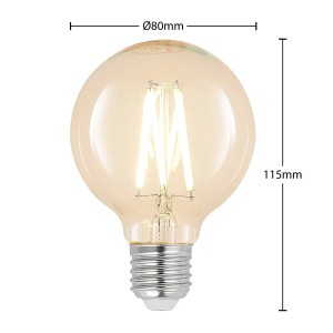 Arcchio LED E27 Filamentlampe aus bernsteinfarbenem Glas, warmweiß leuchtend, Ø80mm, 115mm lang.