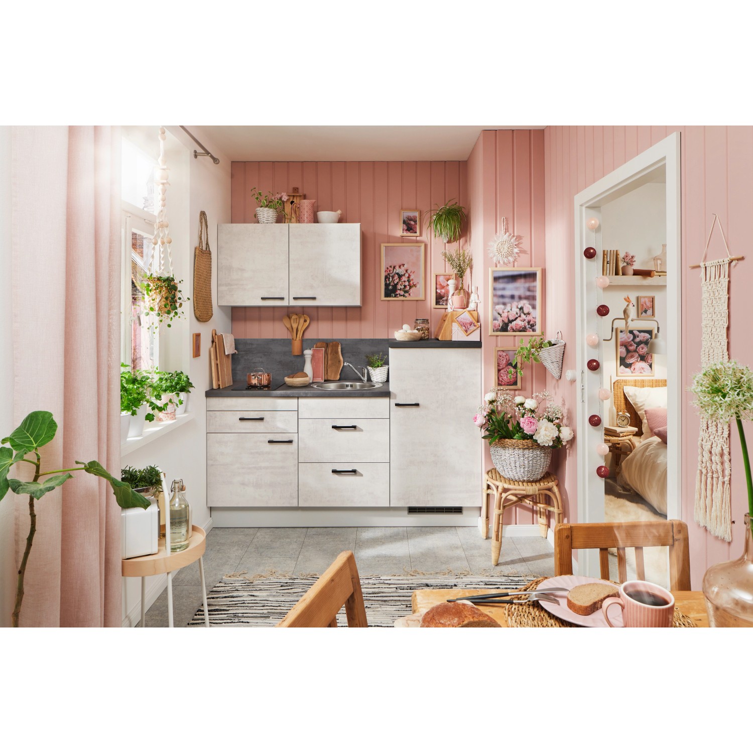 pino Küchenzeile 180 cm Beton Weißgrau Anschlag rechts 1 Geräteschrank günstig online kaufen