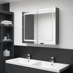 Grauer vidaXL LED-Spiegelschrank 80x68 cm im Badezimmer über einem Doppelwaschbecken.
