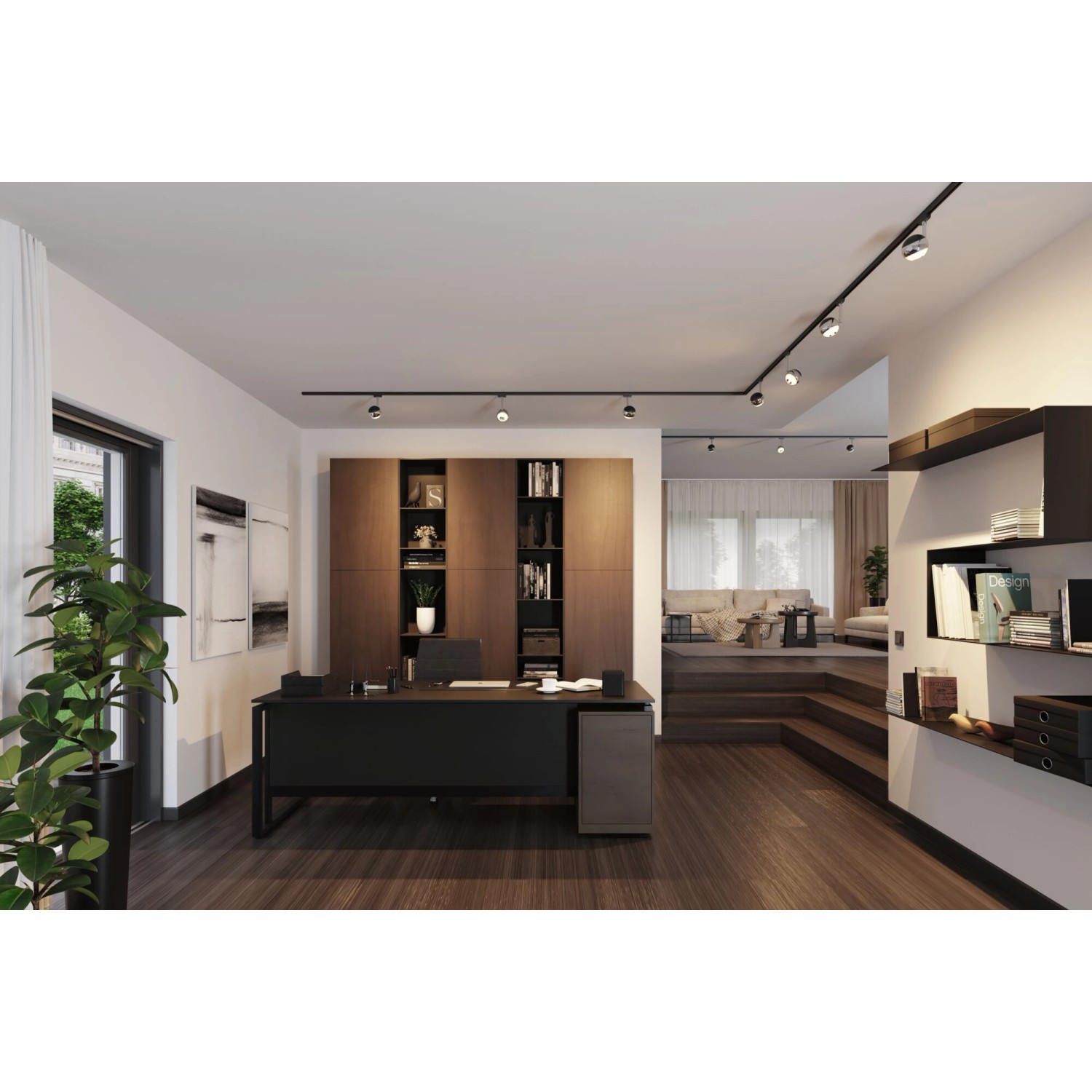 Urail LED Spot Capsule II, dimmbar, 6W, schwarz matt-chrom, Teil eines Schienensystems im modernen Büro.