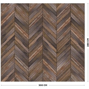 Fototapete Herringbone (280x300 cm) mit rustikalem Fischgrätenmuster in Braun- und Grautönen.