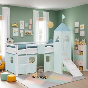 Weißes Kinder Hochbett 90x200 mit Rutsche, Turm und mintgrünem Vorhang aus Kiefernholz für das Kinderzimmer.