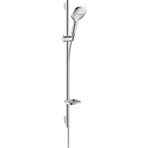 Hansgrohe Raindance Select E Brauseset mit Brausestange und Seifenablage in Chrom.