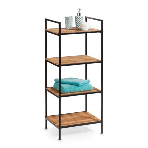 Zeller Standregal mit 4 Ablagen aus Bambus und schwarzem Metall, 95 cm hoch.