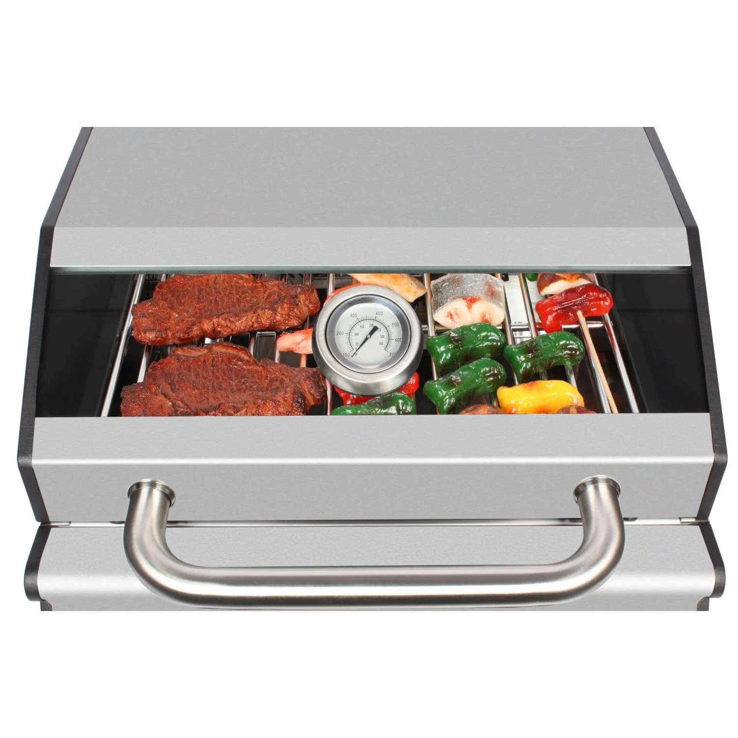 EL Fuego Gasgrill Jesolo, schwarz-silber, mit Grillgut und Thermometer auf Edelstahlrost.