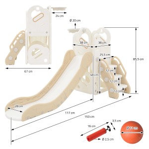 Joyz Kinderrutsche 3in1 mit Turm und Basketballkorb, weiß-beige. Spielanlage aus Kunststoff mit Zubehör.
