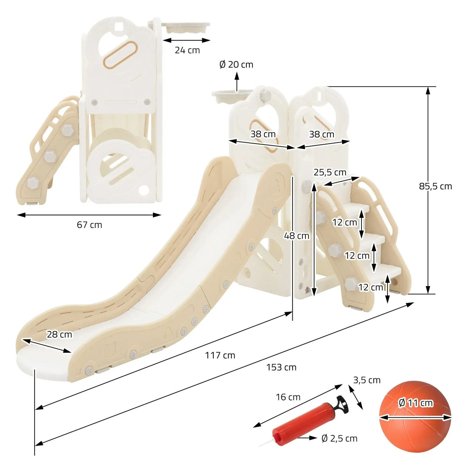 Joyz Kinderrutsche 3in1 mit Turm und Basketballkorb, weiß-beige. Spielanlage aus Kunststoff mit Zubehör.