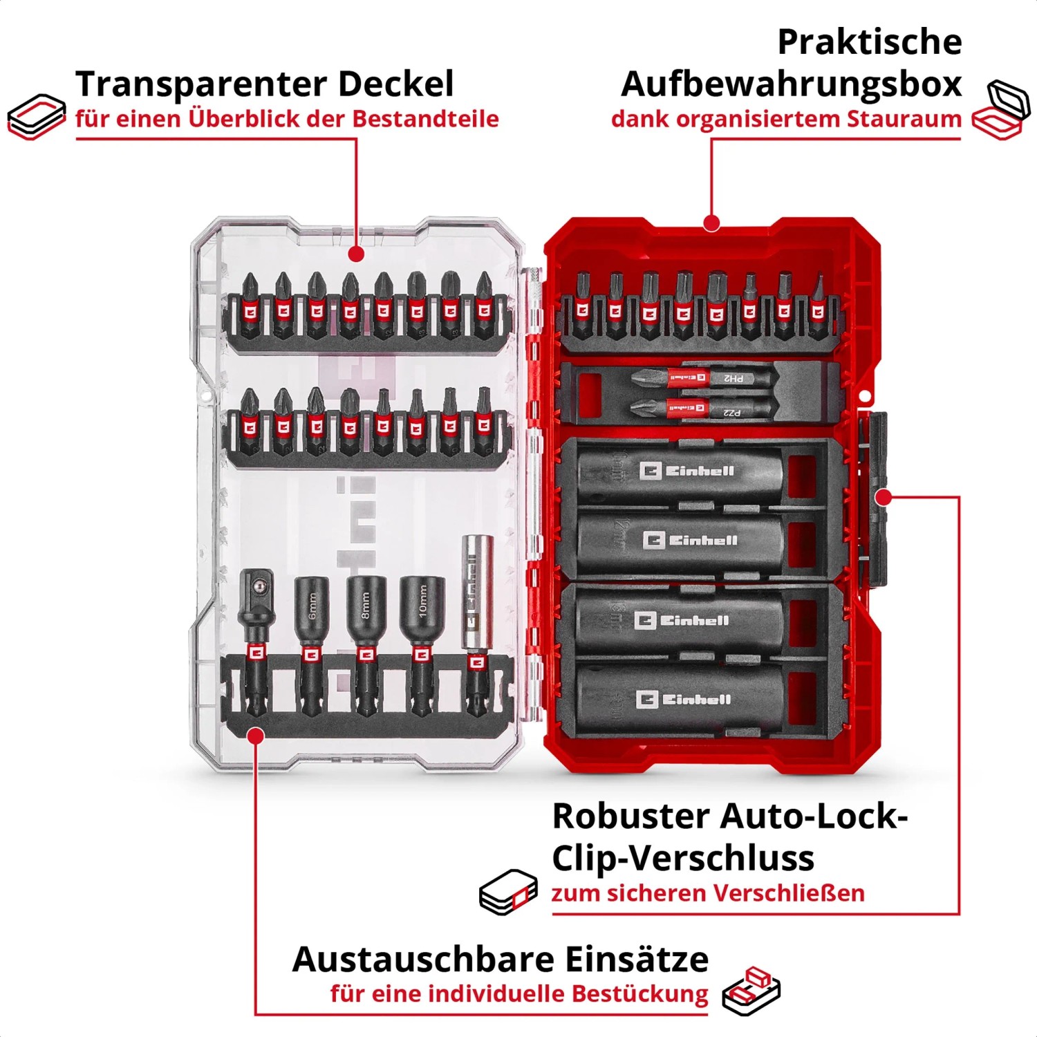 Einhell Impact Bit Set, 35-teilig, mit Bits, Stecknüssen und Aufbewahrungsbox.