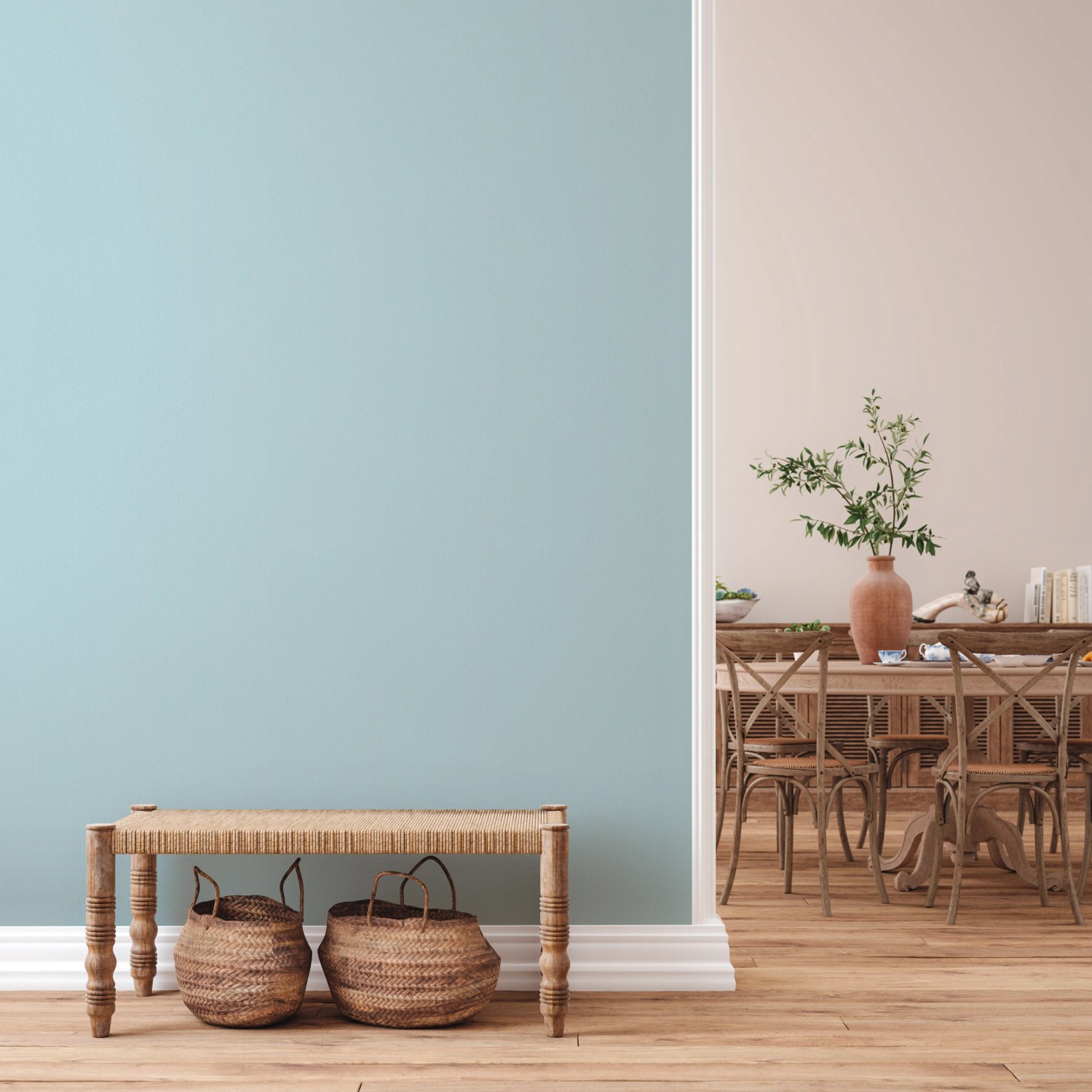 Wohnraum mit blauer Trendwall Vliestapete und Einrichtung.