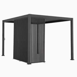 Terrassenüberdachung mit grauer Vertical Wand 93 cm aus Aluminium mit Lamellen für 300 cm Breite.